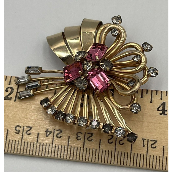 M&S 1/20 12K G.F Clear & Pink Rhinestone VTG 1950s Prong Set Brooch Pendant - Picture 7 of 9